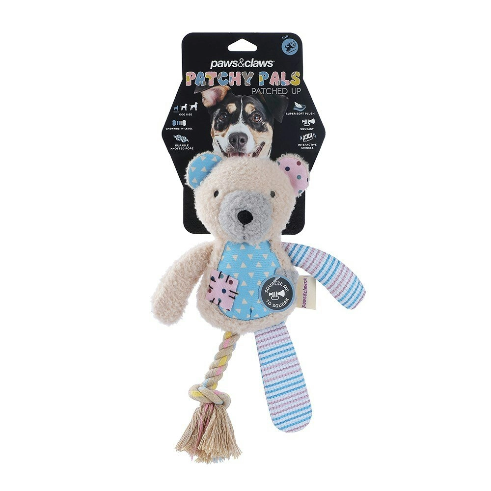 Paws & Claws 36cm Patchy Pals Plush Rope Bear Pet Dog/Cat Interactive Play Toy