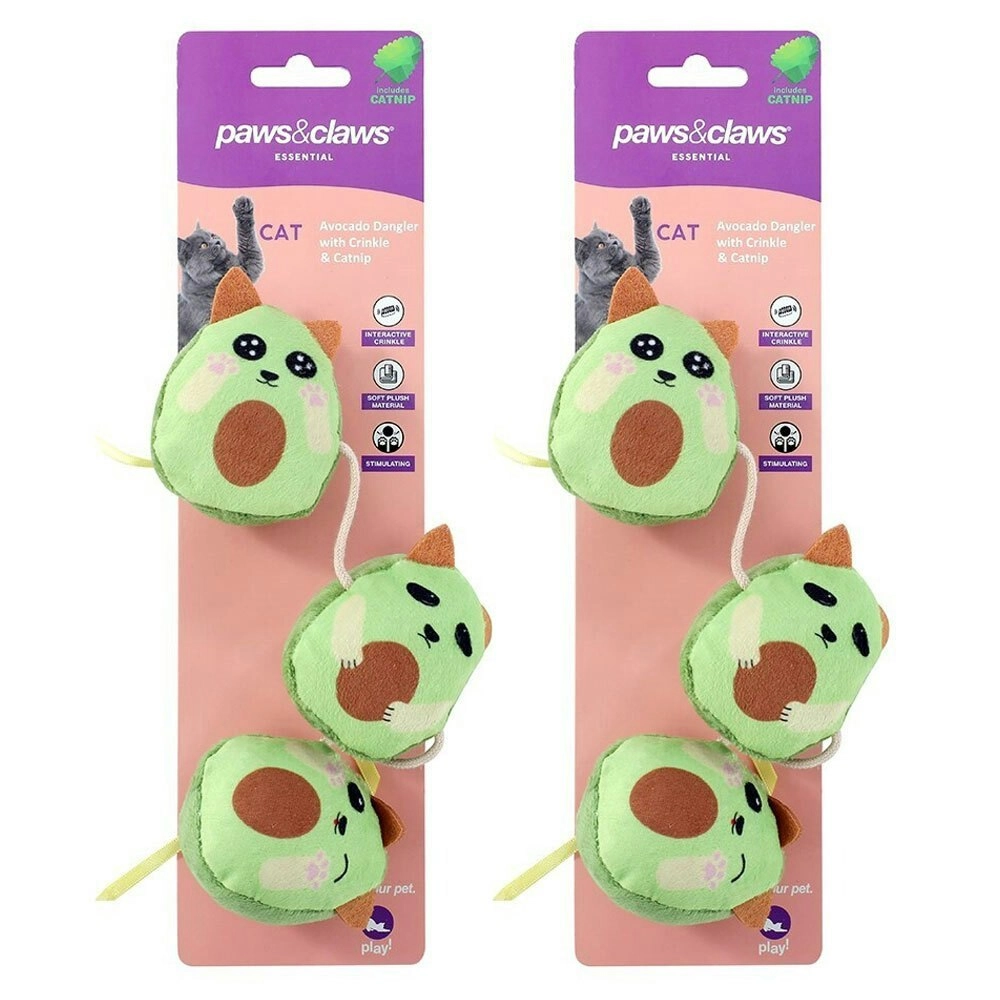 2x Paws & Claws Pet/Cat Plush Avocado Dangler Interactive Toy w/Crinkle/Catnip