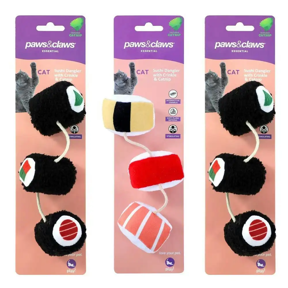 3x Paws & Claws Cat Plush Sushi Dangler Interactive Toy w/Crinkle/Catnip Assort