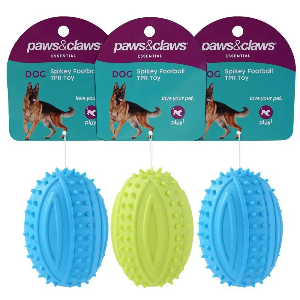 3x Paws & Claws 9.5cm TPR Spikey Football Pet Interactive Playing/Chew Toy Asst