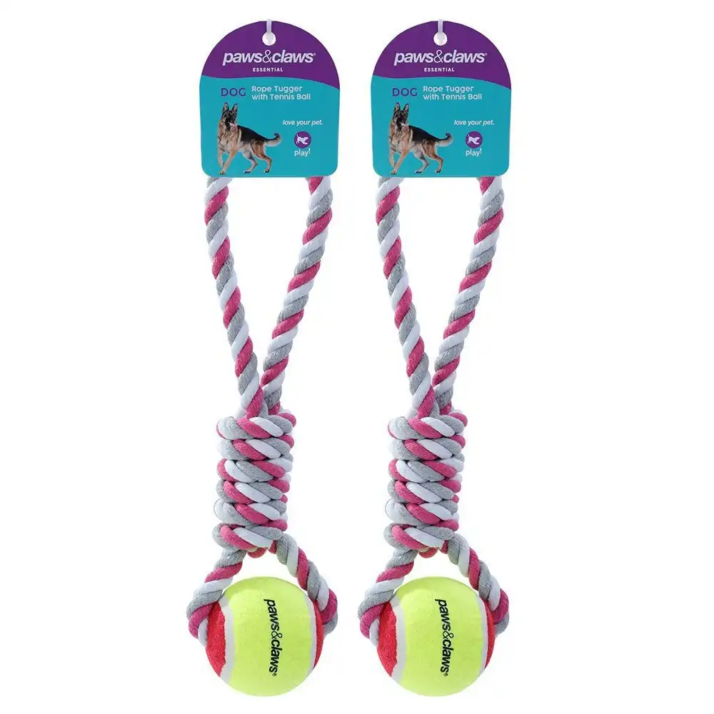 2x Paws & Claws Pet/Dog 34cm Rope Tugger/Tennis Ball Interactive Play Toy Assort