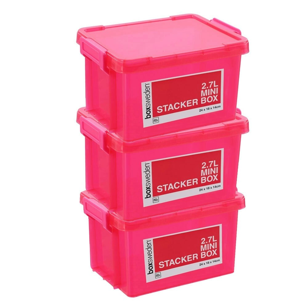 3x Boxsweden 2.7L Mini Stacker Box 24cm w/ Clip Lock Lid Storage Container Pink