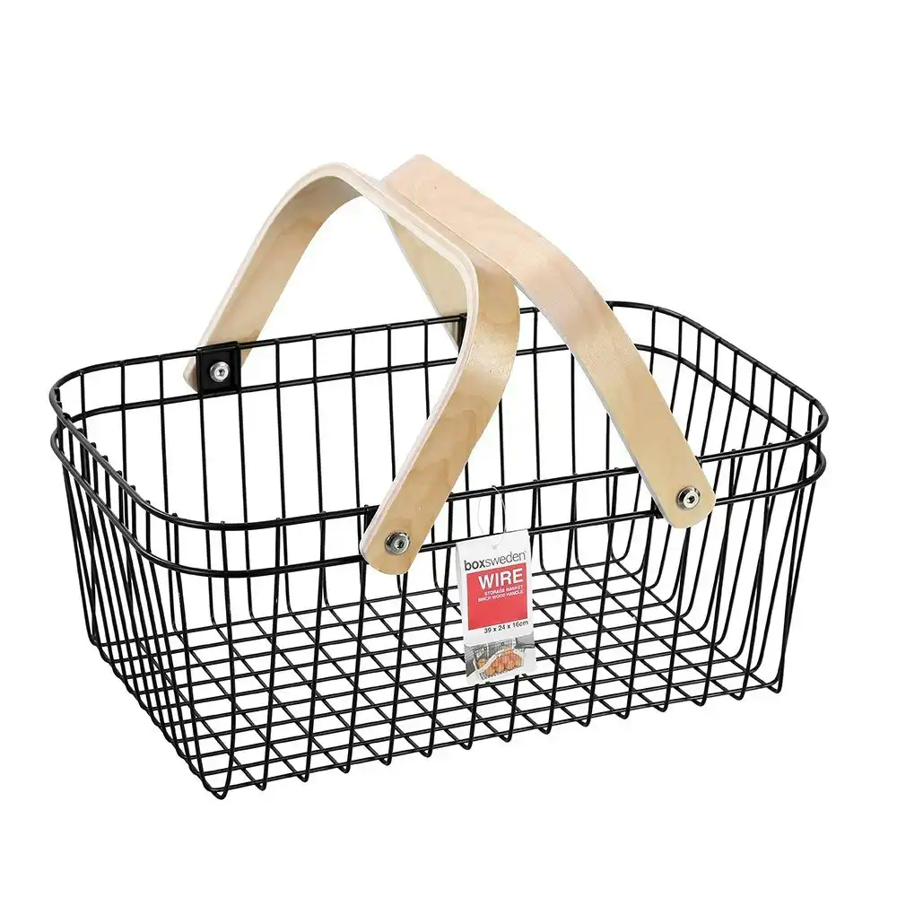 Boxsweden Black 39cm Wire Home Storage Basket/Organiser/Display w/Wooden Handle