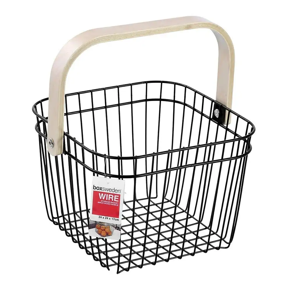 Boxsweden Black 24cm Wire Home Storage Basket/Organiser/Display w/Wooden Handle