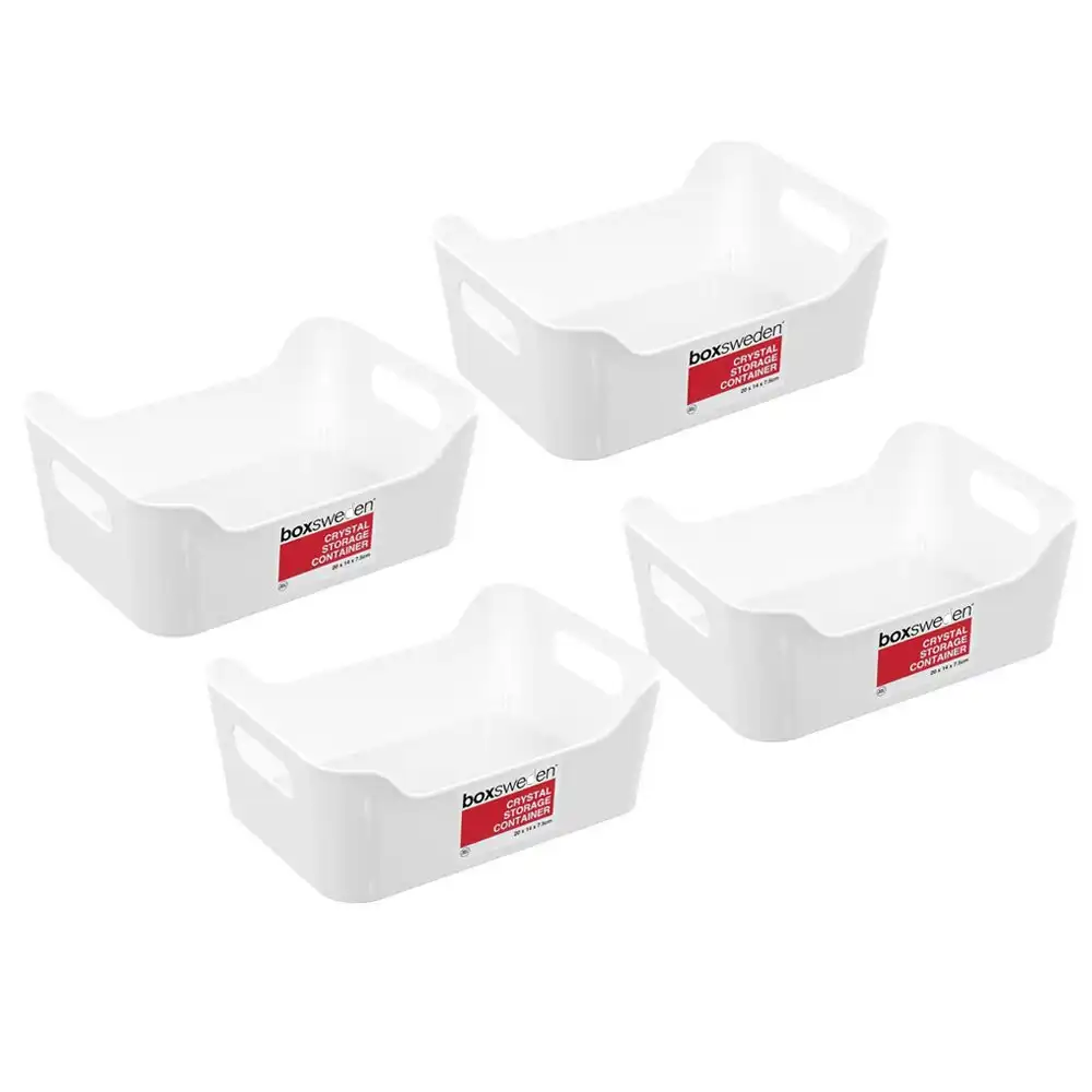 4x Boxsweden Crystal Storage Container Small 20cm w/ Handles Organiser Tray WHT