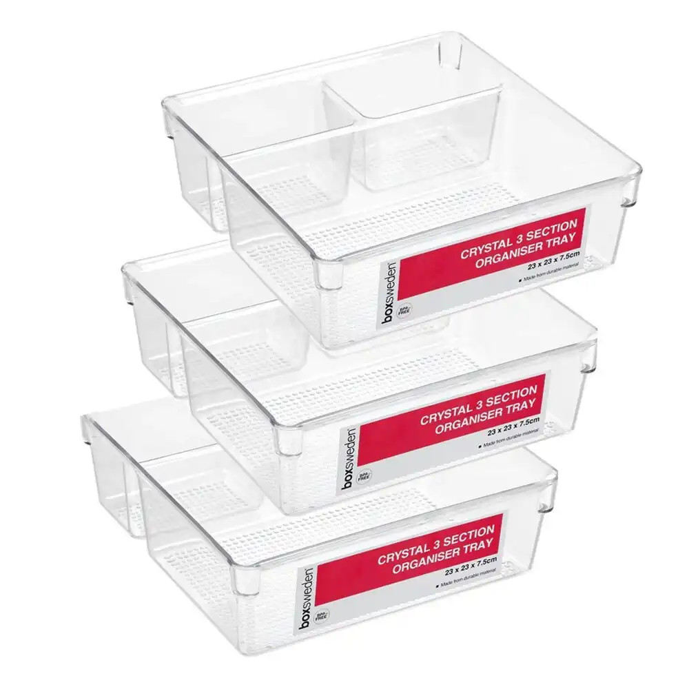 3x Boxsweden Crystal Organiser Tray 3 Section 23cm Storage Holder Container CLR