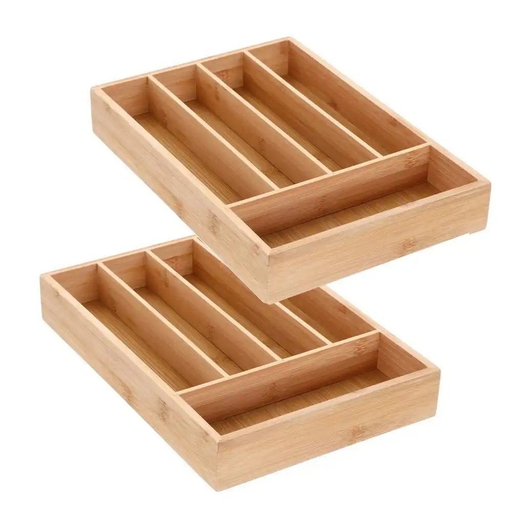 2x Boxsweden Bamboo Cutlery Organiser Drawer 5 Compartment 33x23cm Storage Tray