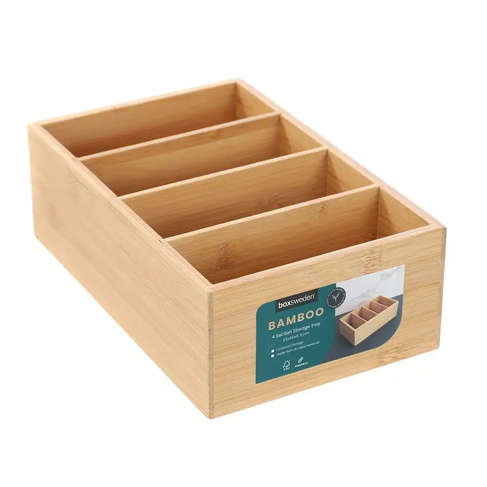 Boxsweden 4-Section Bamboo Storage Tray 25x16cm Organiser/Compartment Holder BRN