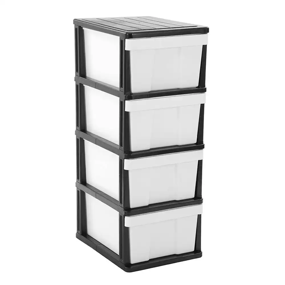 Boxsweden 103cm Mega 4 Standing Storage Drawer Plastic Cabinet Container BK/WT