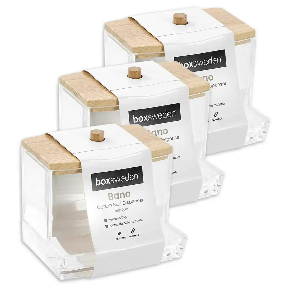 3PK Boxsweden 9x8cm Bano Cotton Bud Storage Dispenser Container w/ Bamboo Lid