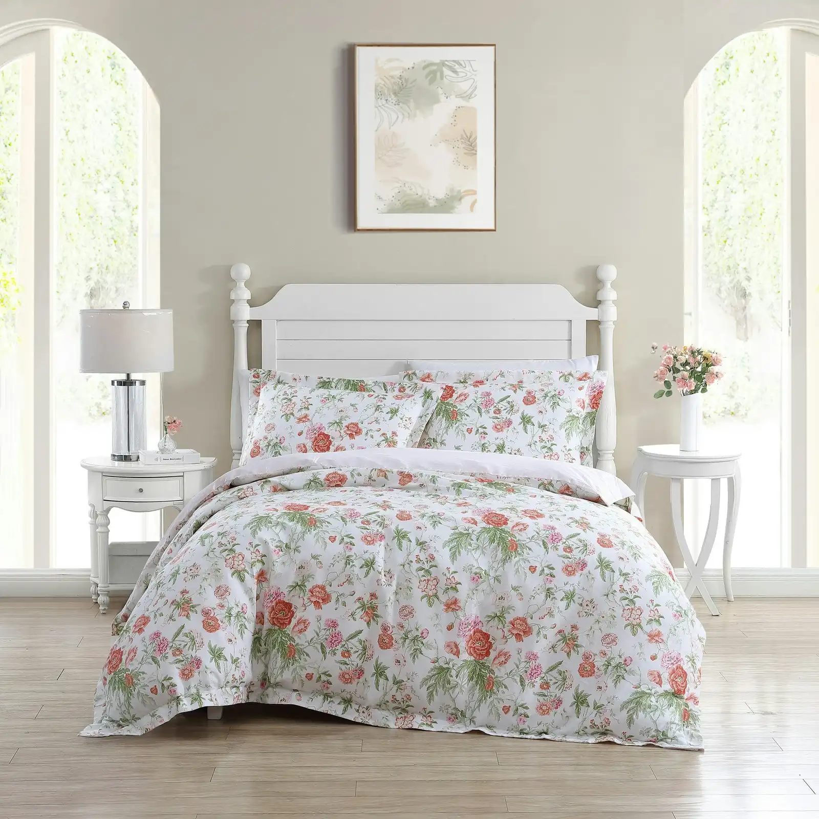 Laura Ashley Double Bed Breezy Floral Quilt Cover w/ 2x Pillowcases Set Coral