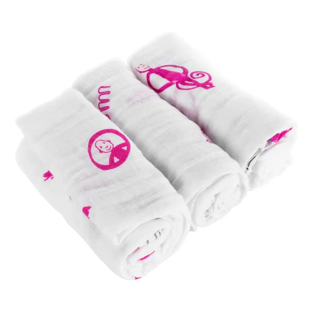 3PK Matchstick Monkey 70cm Organic Cotton Muslin Baby/Infant Child Blanket Pink