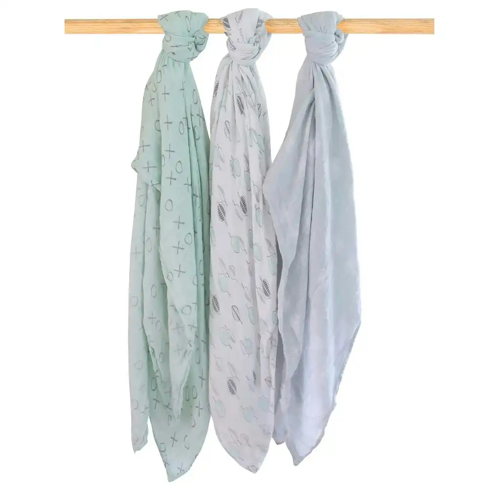 3pc Bubba Blue Baby/Newborn Bamboo Mint Meadow Muslin Swaddle Wrap/Blanket