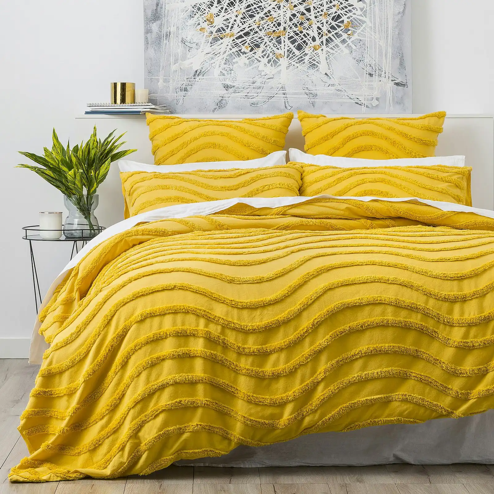 Cloud Linen Wave King Bed Quilt Cover Chenille VIN Washed Tufted Cotton Mustard