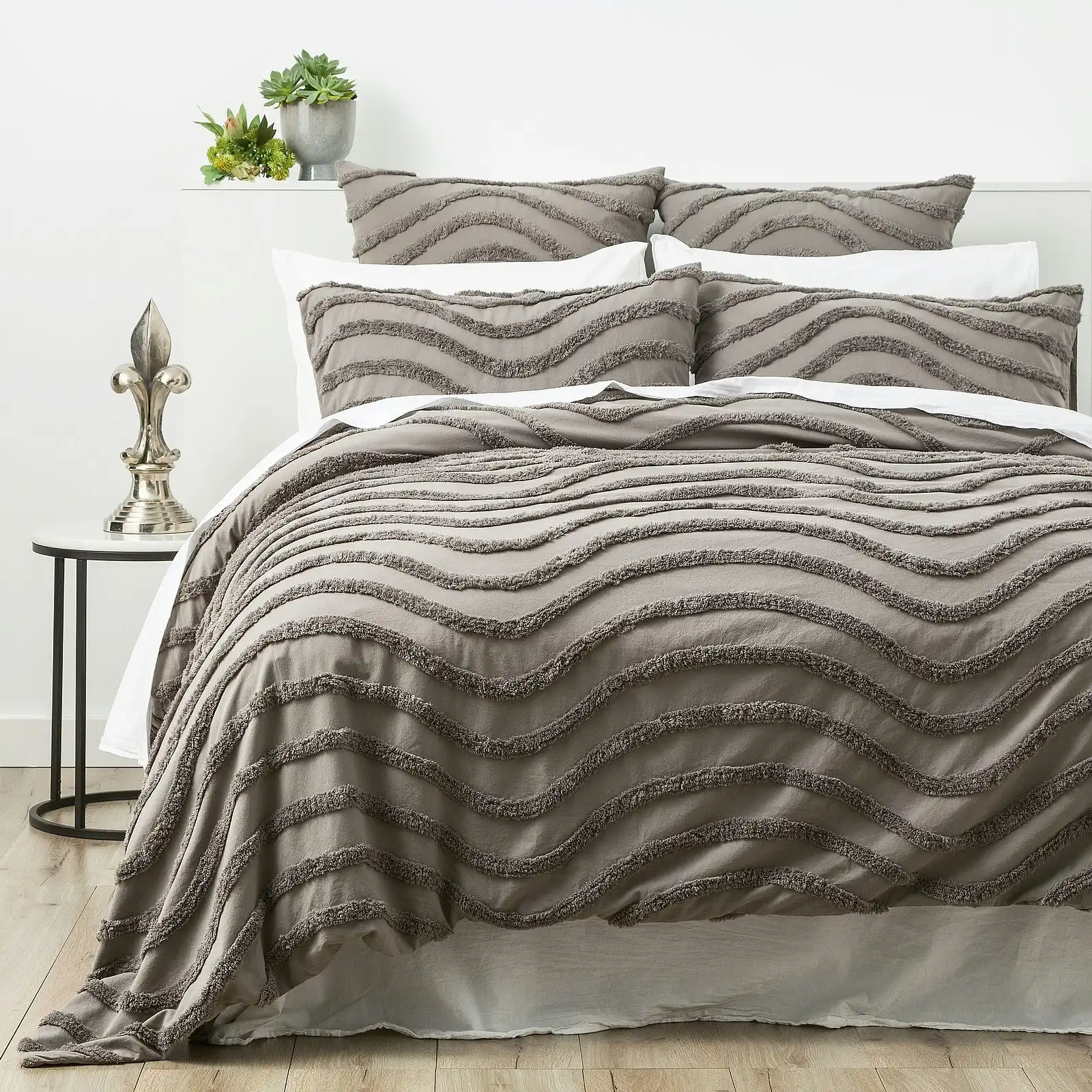 Cloud Linen Wave Super King Bed Quilt Cover Cotton Chenille VIN Washed Tufted GY