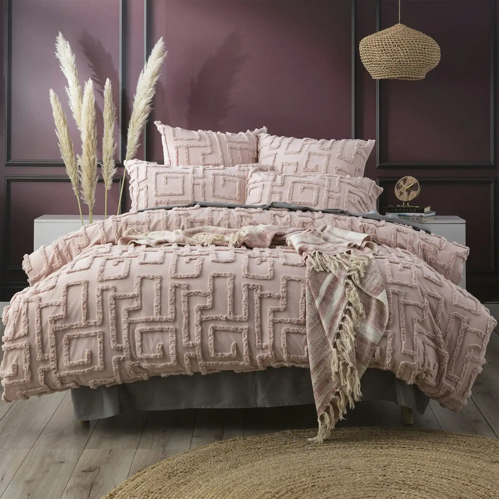 Renee Taylor Riley Double Bed Quilt Cover VT Washed Cotton Chenille Tufted Blush