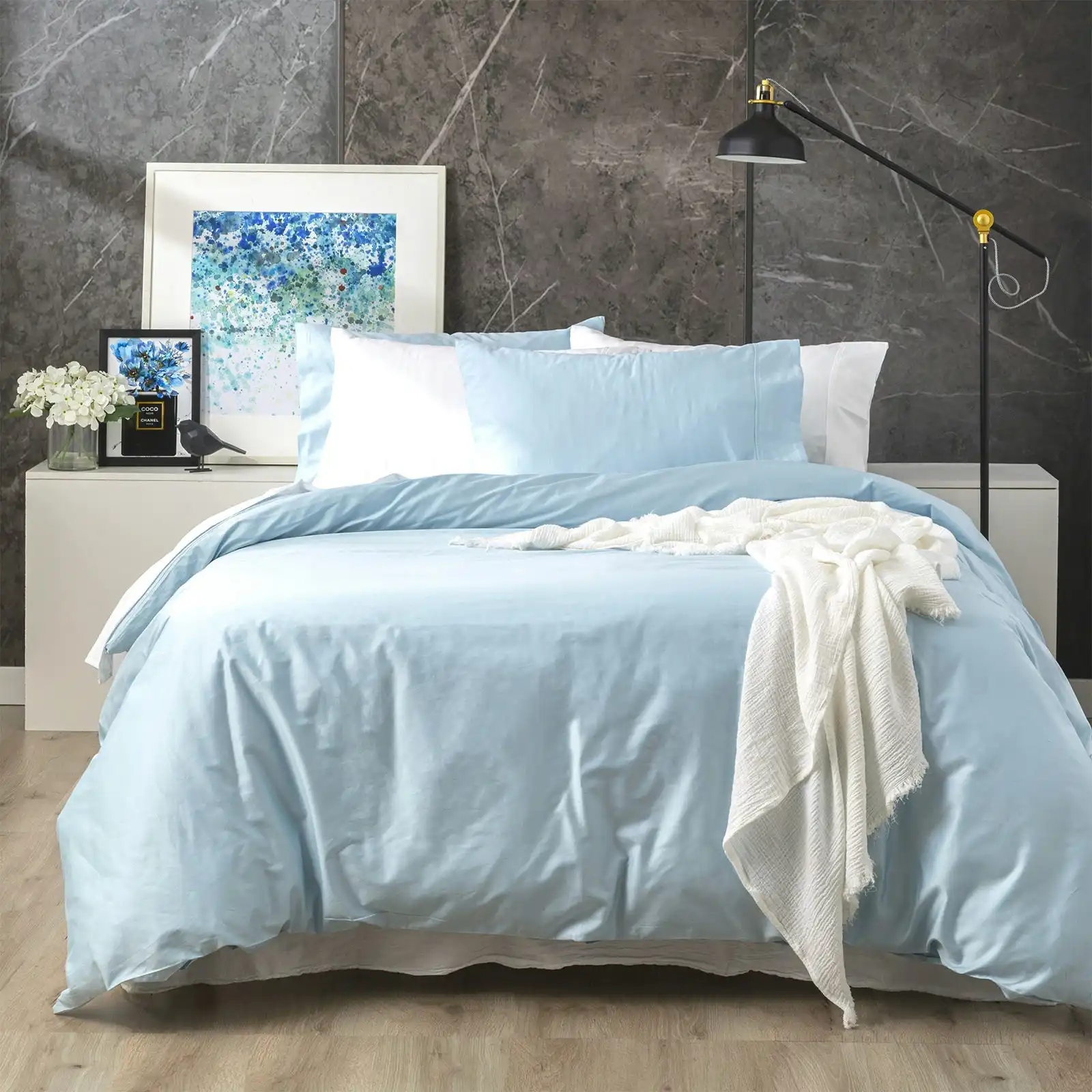 Park Avenue 500TC Super King Bed Quilt Cover Set Natural Bamboo Cotton Mid Blue
