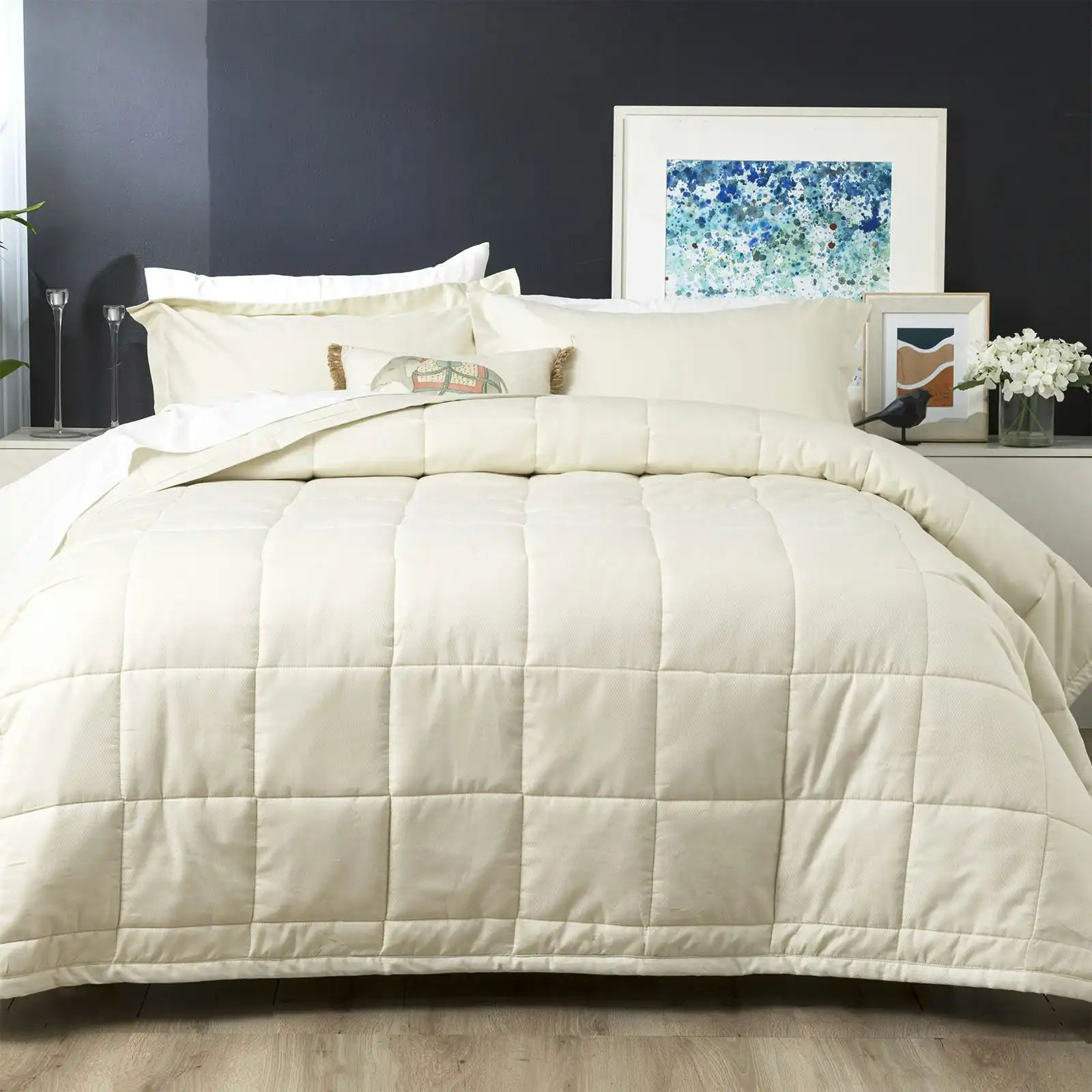 Ddecor Home Checks King Bed Comforter Set 500TC Cotton Jacquard Bedding Ivory