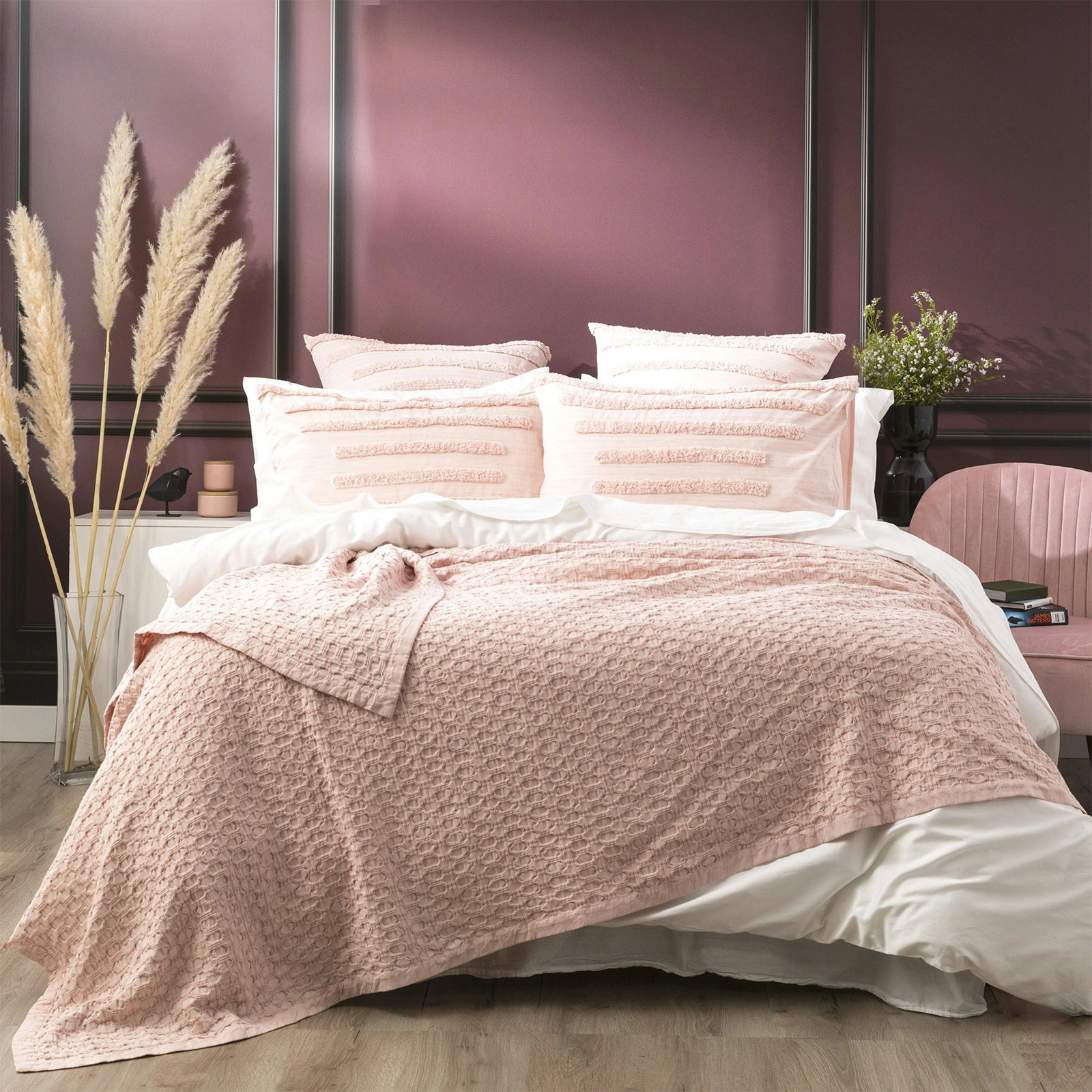 Renee Taylor Lexico Queen/King Waffle Blanket 480GSM Cotton Home Bedding Rose