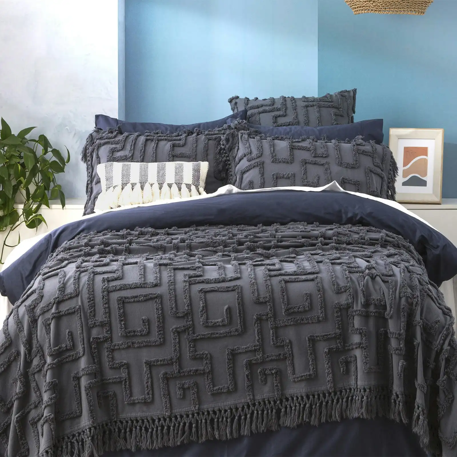 Renee Taylor Riley Queen/King Bed Cover Set Vintage Washed Tufted Cotton Slate