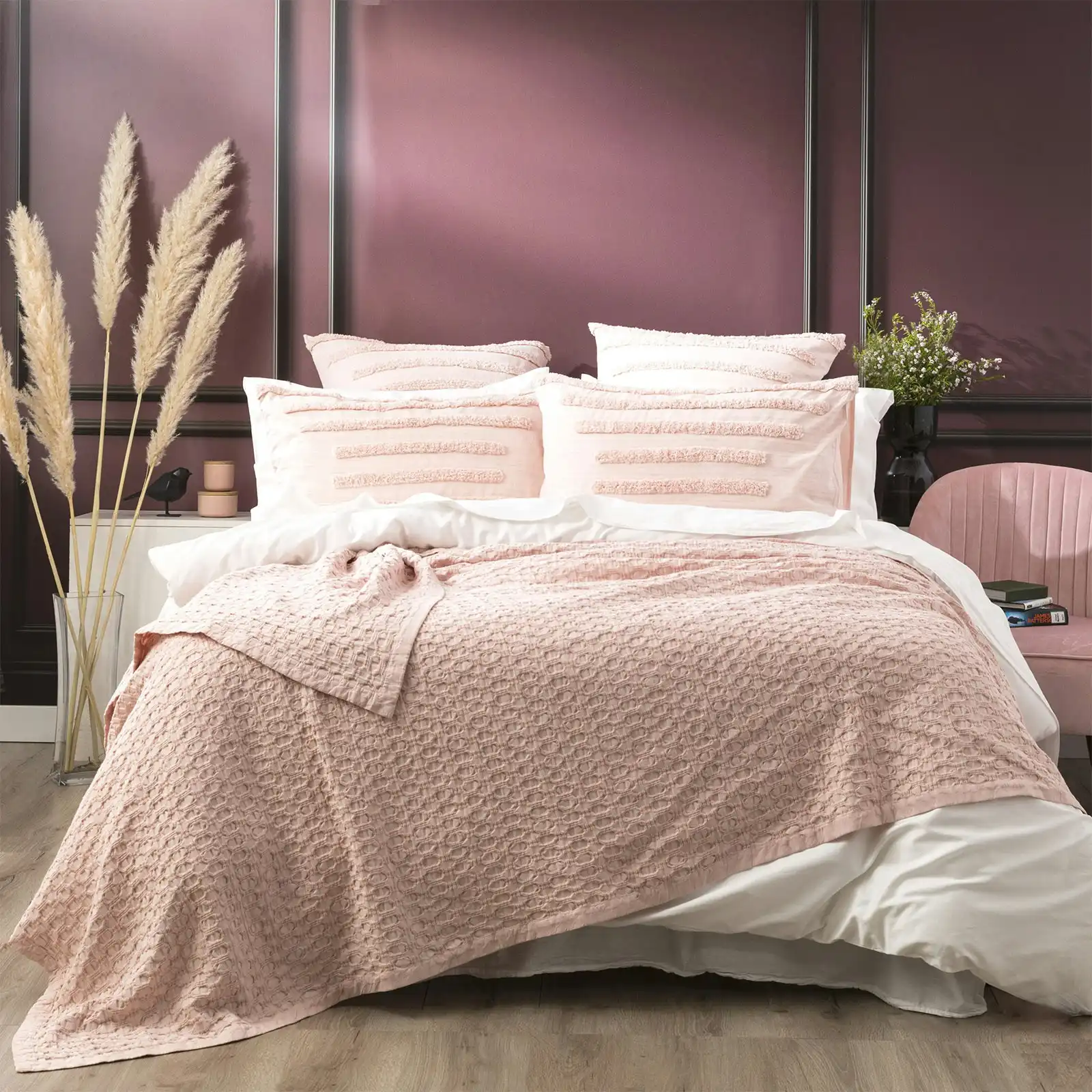 Renee Taylor Lexico Super King Waffle Blanket 480GSM Cotton Home Bedding Rose