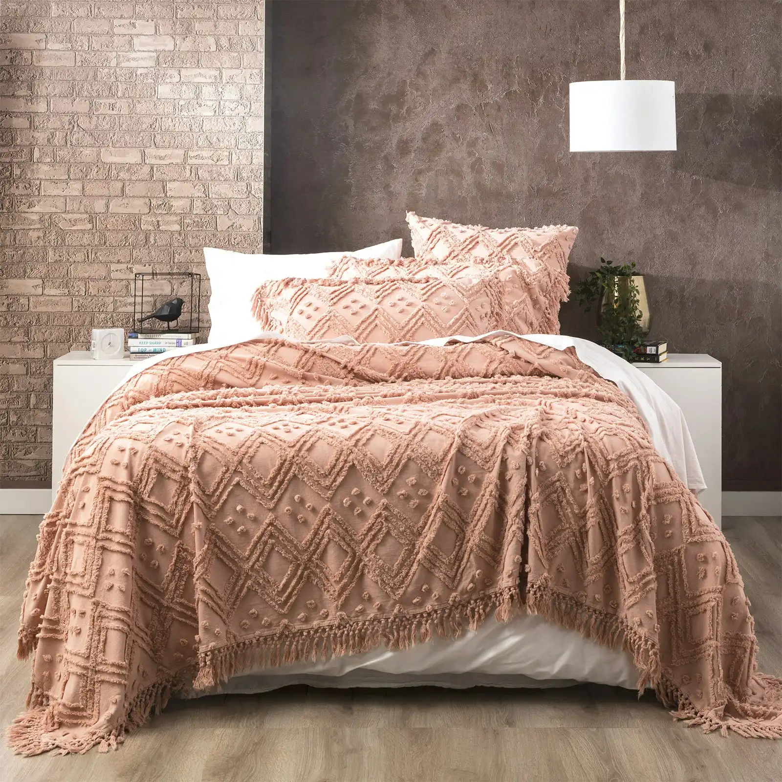 Park Avenue Medallion Queen/King Bed Cover Cotton VT Wash Tuffted Bedding Blush