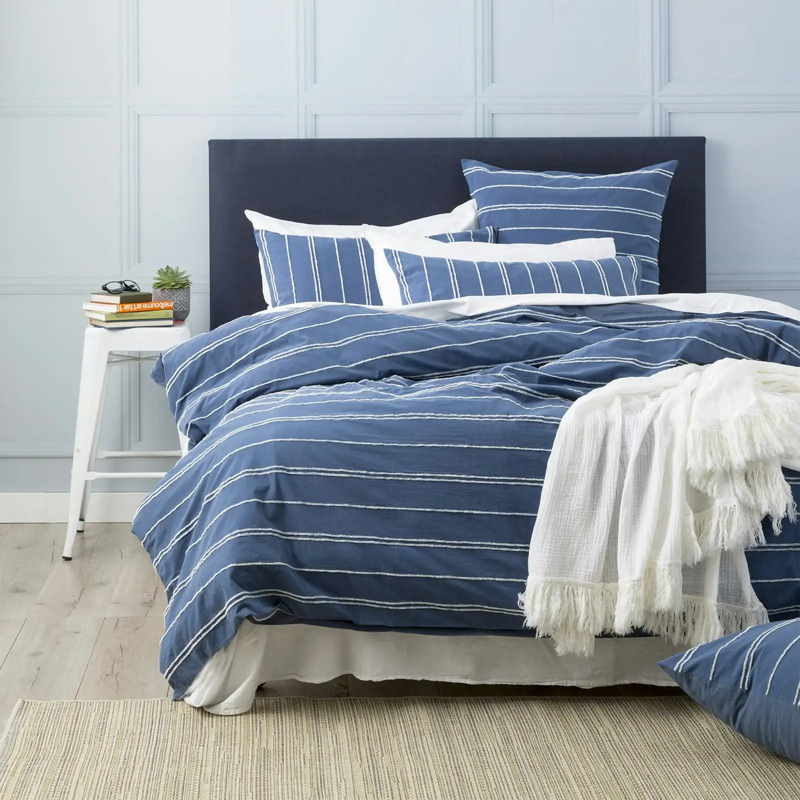 Renee Taylor Hudson Super King Bed Quilt Cover VINT Washed Cotton Chenille Blue