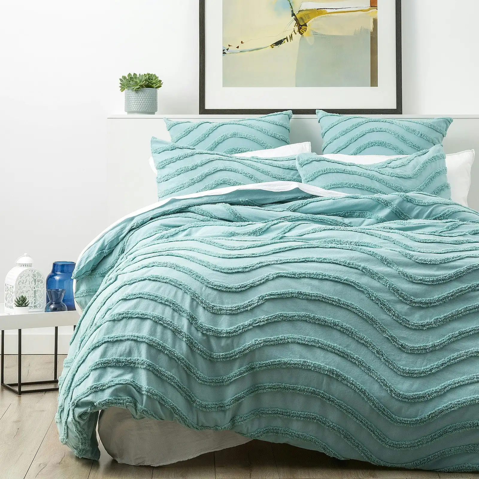 Cloud Linen Wave Queen Bed Quilt Cover Chenille VINT Washed Tufted Cotton Aqua