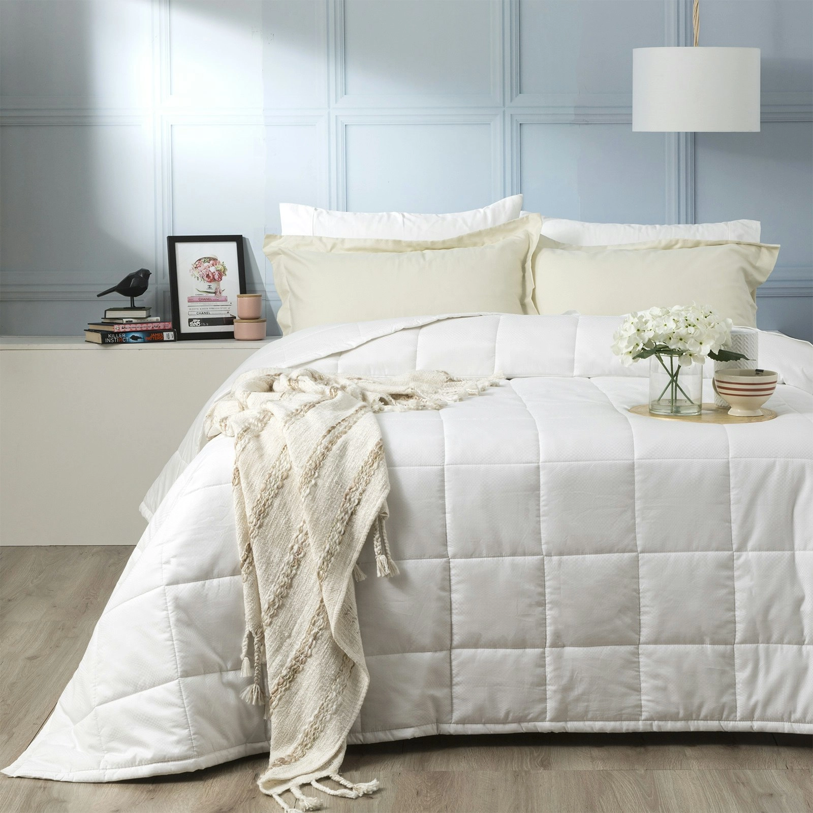 Ddecor Home Checks King Bed Comforter Set 500TC Cotton Jacquard Bedding White