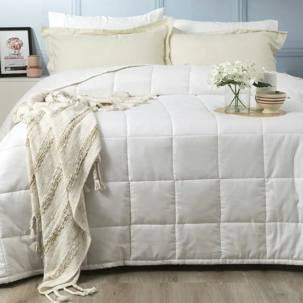 Ddecor Home Checks Super King Bed Comforter Set 500TC Cotton Jacquard White