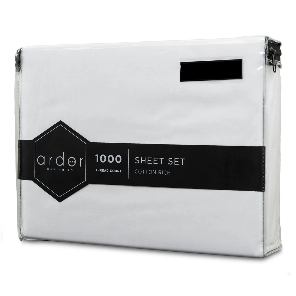 Ardor 1000TC Cotton Rich Single Bed Sheet Set Home Bedding w/ Pillowcases White