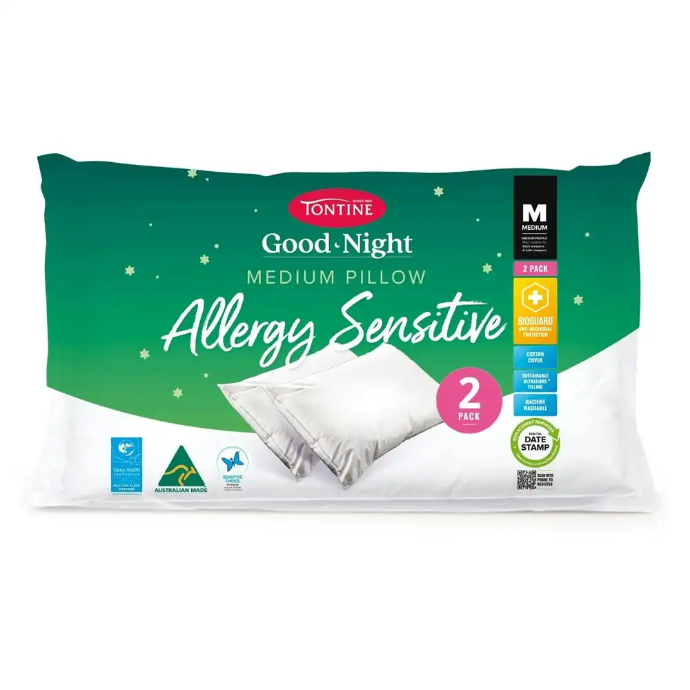 2pc Tontine Good Night Allergy Sensitive Sleep/Bedding Soft Pillow Medium Height