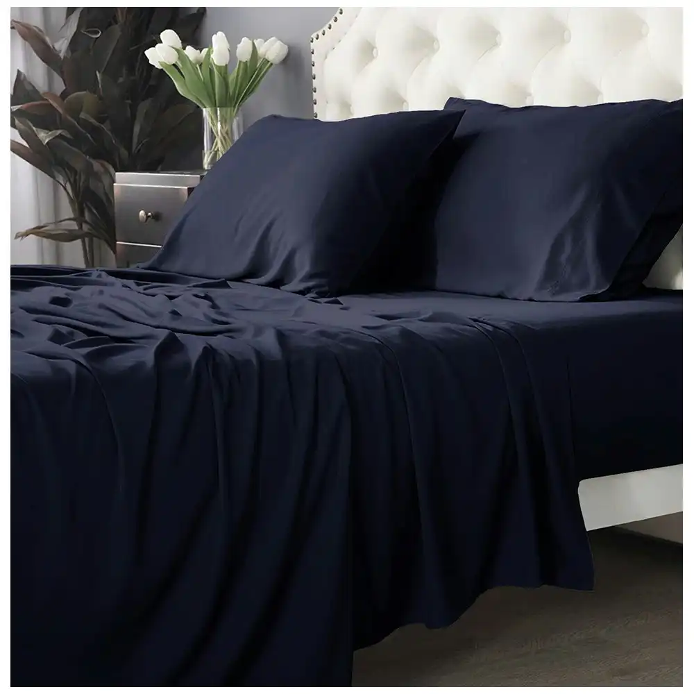 Park Avenue Long Single Fitted Sheet/Pillowcases Set 500TC Bamboo Cotton Indigo