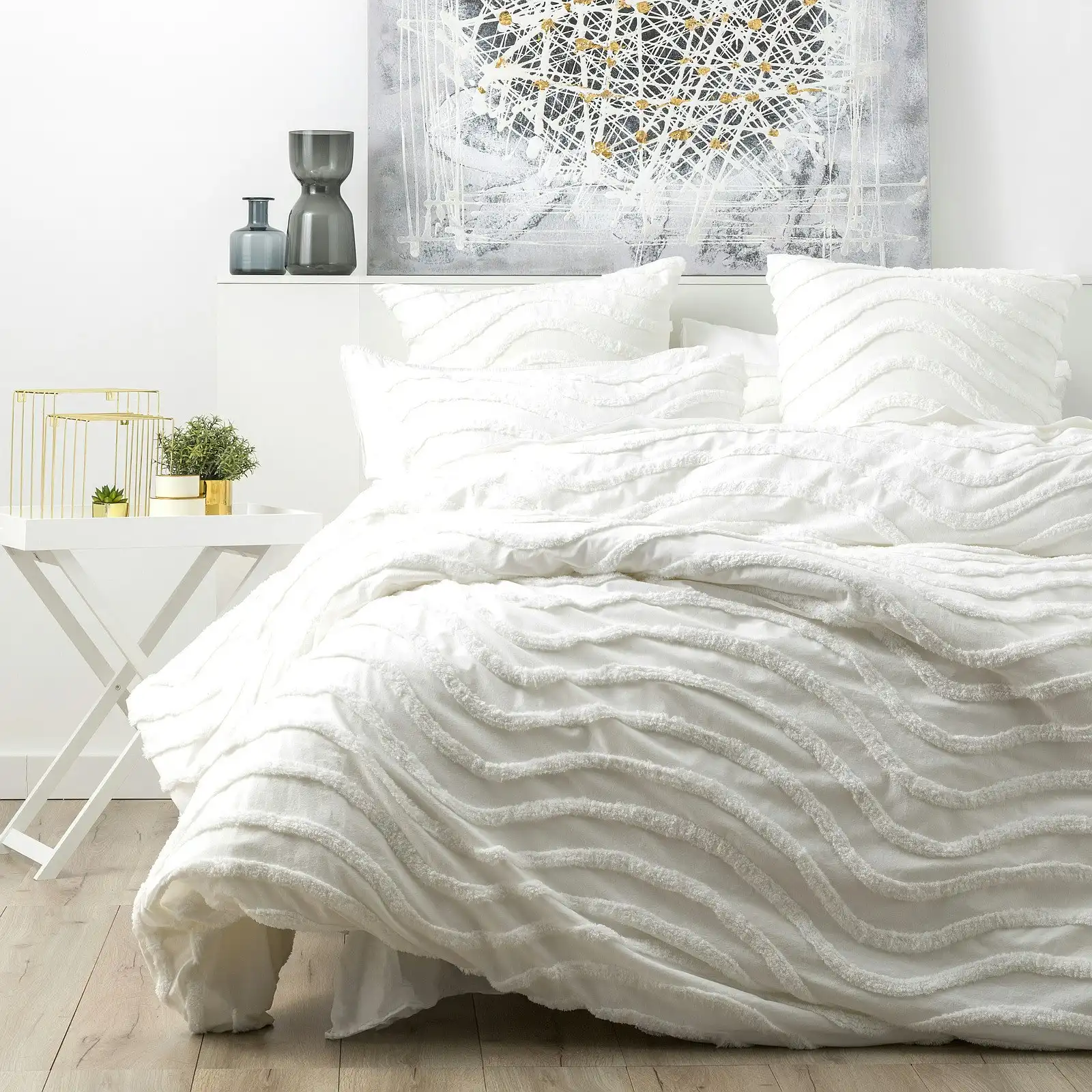 Cloud Linen Wave Super King Bed Quilt Cover Cotton Chenille VIN Washed Tufted WH