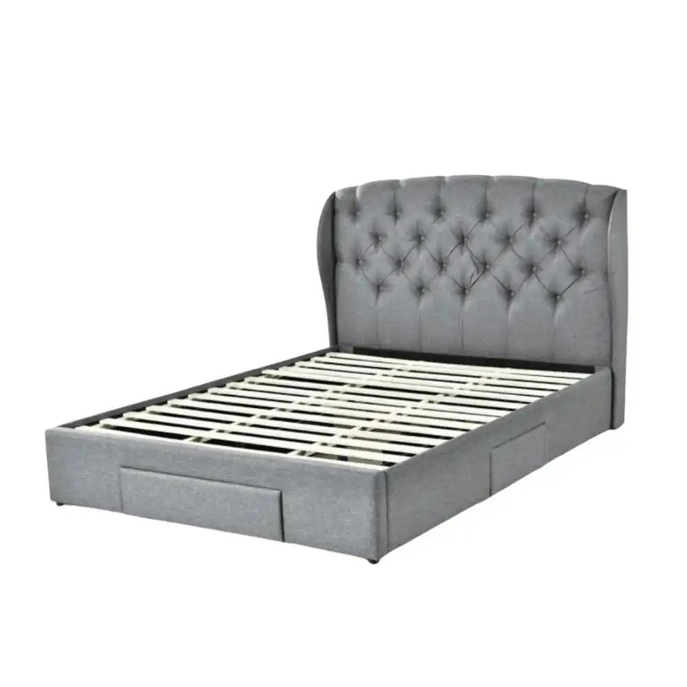 Design Square Modern Designer Fabric Double Tufted Headboard Bed Frame With Drawers Storage - Dark Grey
