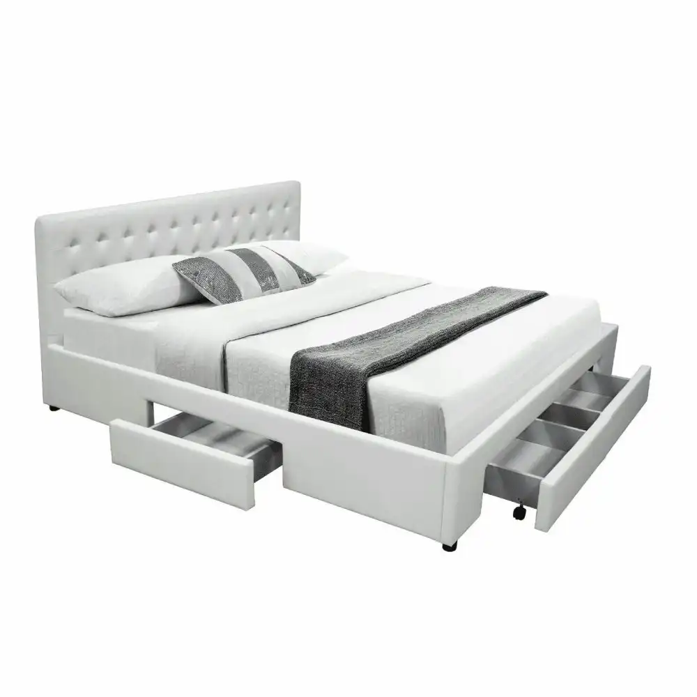 Design Square PU Leather Queen Bed Headboard With Drawers Storage - White