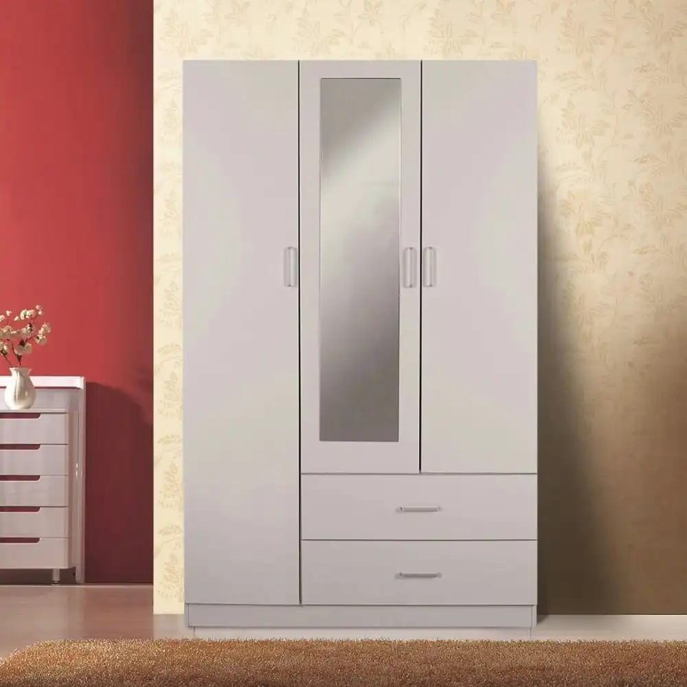 Design Square Modern 3-Door 2-Drawers Wardrobe Closet Clothes Storage Cabinet With Mirror - White
