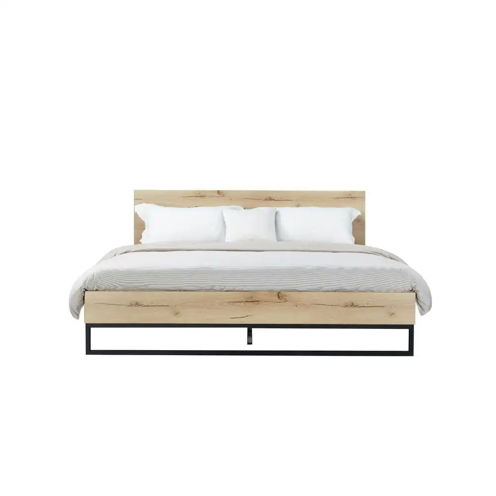 Design Square Wooden Bed Frame Metal Legs With Headboard Queen Size - Natural