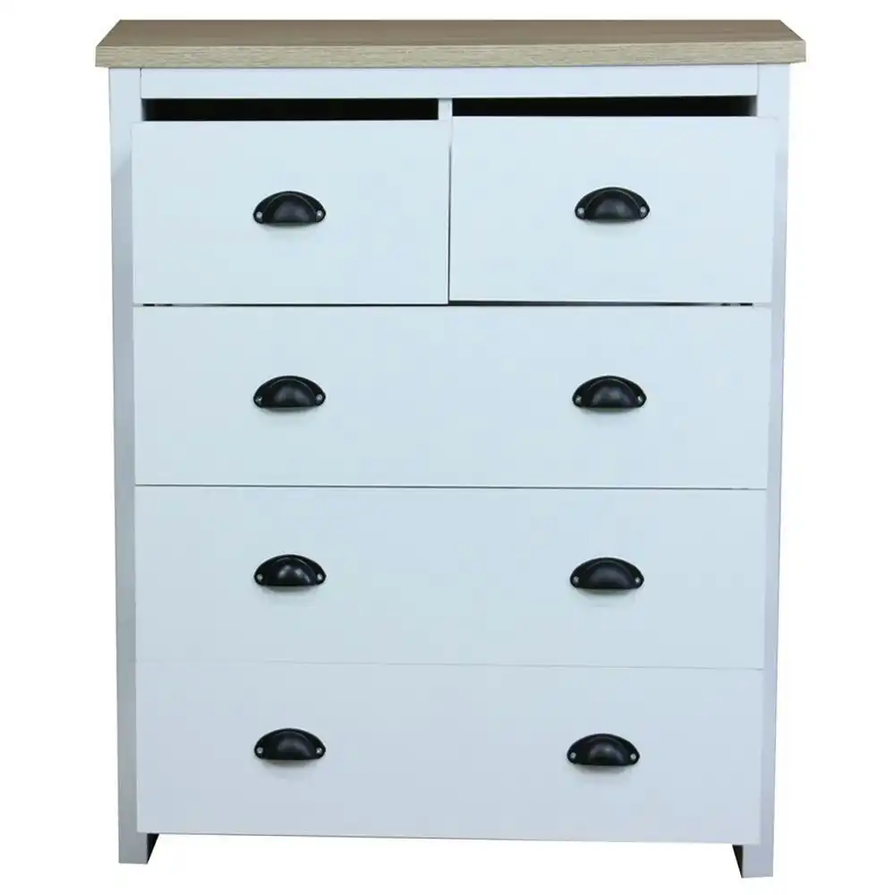 Ari Modern Chest Of 5-Drawers Tallboy Dresser Storage Cabinet - Oak & White