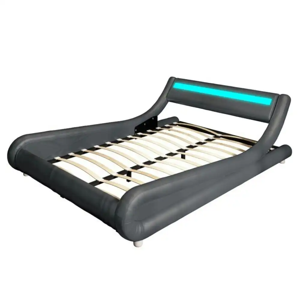 Modern Designer Double PU Leather Bed Frame With LED Light - Grey
