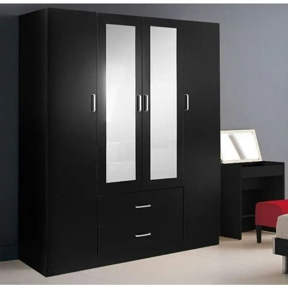 Design Square Modern 4-Door 2-Drawers Wardrobe Closet Clothes Storage Cabinet With Mirror - Black