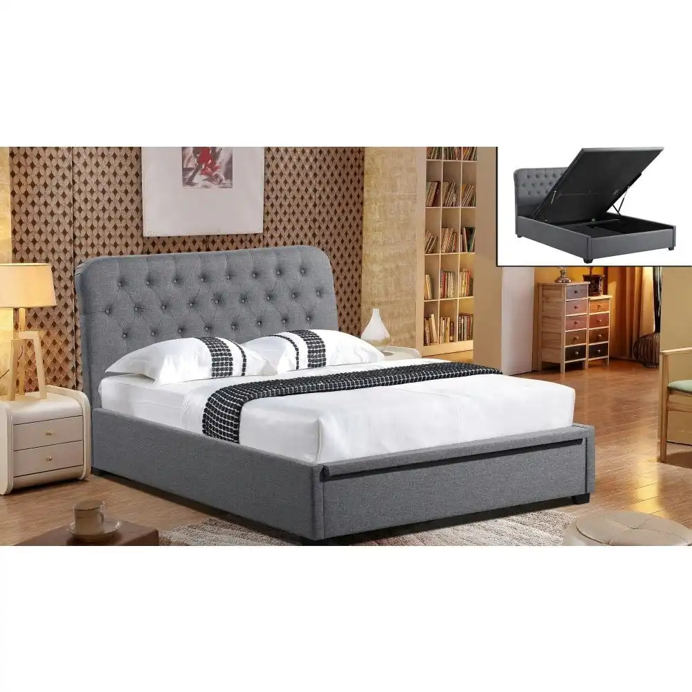Norah Modern Fabric Gas Lift Tufted Bed Frame King Single Size - Dark Grey