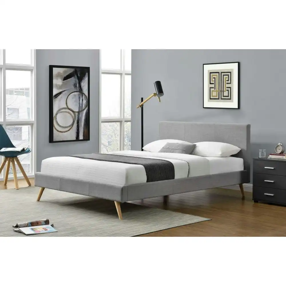 Design Square Designer Fabric Bed Frame Wooden Legs With Headboard Queen Light Grey