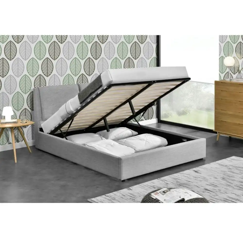 Design Square Modern Designer Fabric Gas Lift Bed Frame W/ Headboard Queen Size - Light Grey