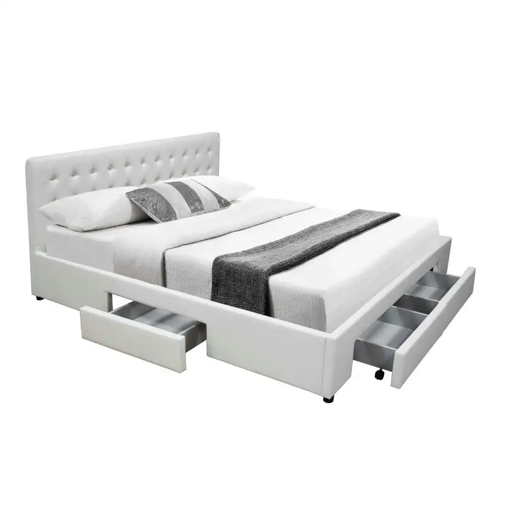Design Square PU Leather Double Bed Frame Headboard With 2-Drawers Storage - White