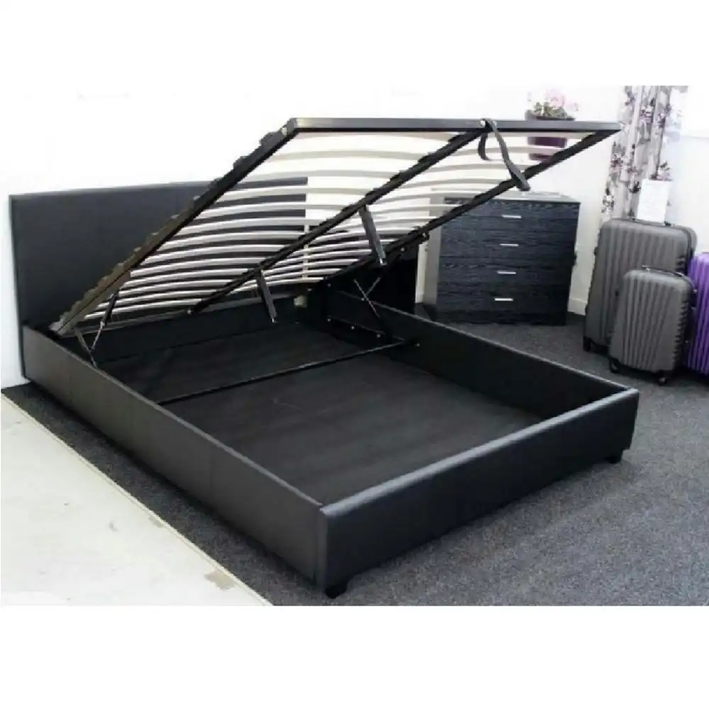 Modern Designer Gas Lift PU Leather Queen Bed Frame With Headboard - Black