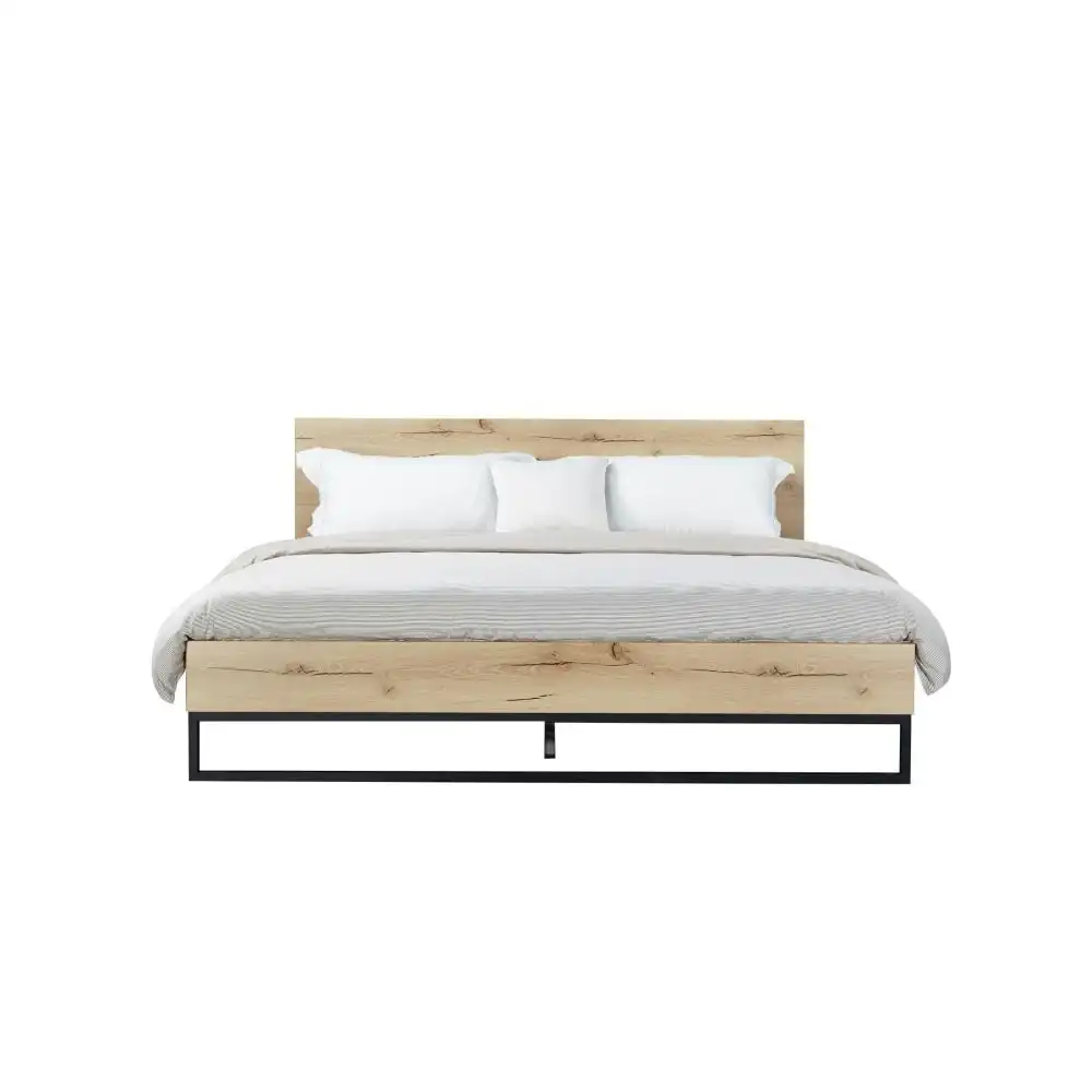 Wooden Bed Frame Metal Legs With Headboard Double Size - Natural