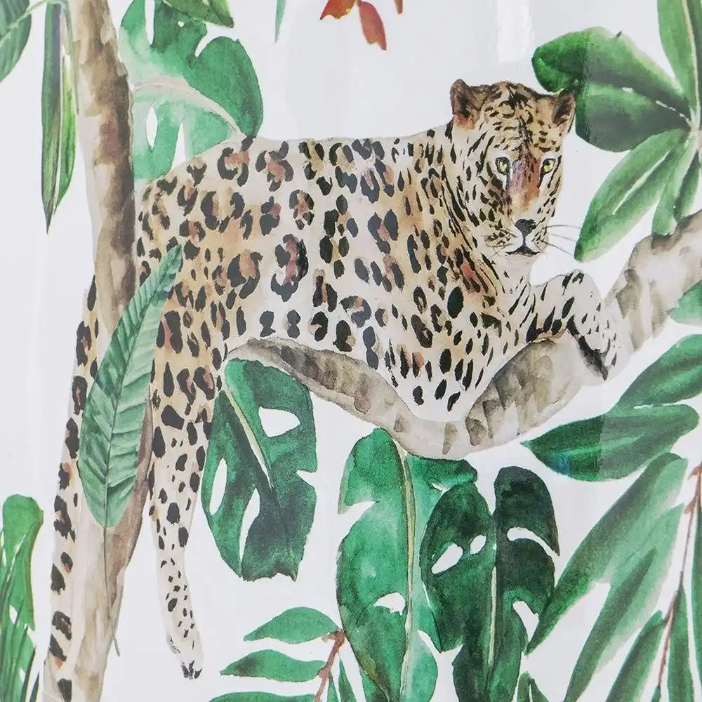 Leopard Jungle Foliage Ceramic Design Stool Side Table White