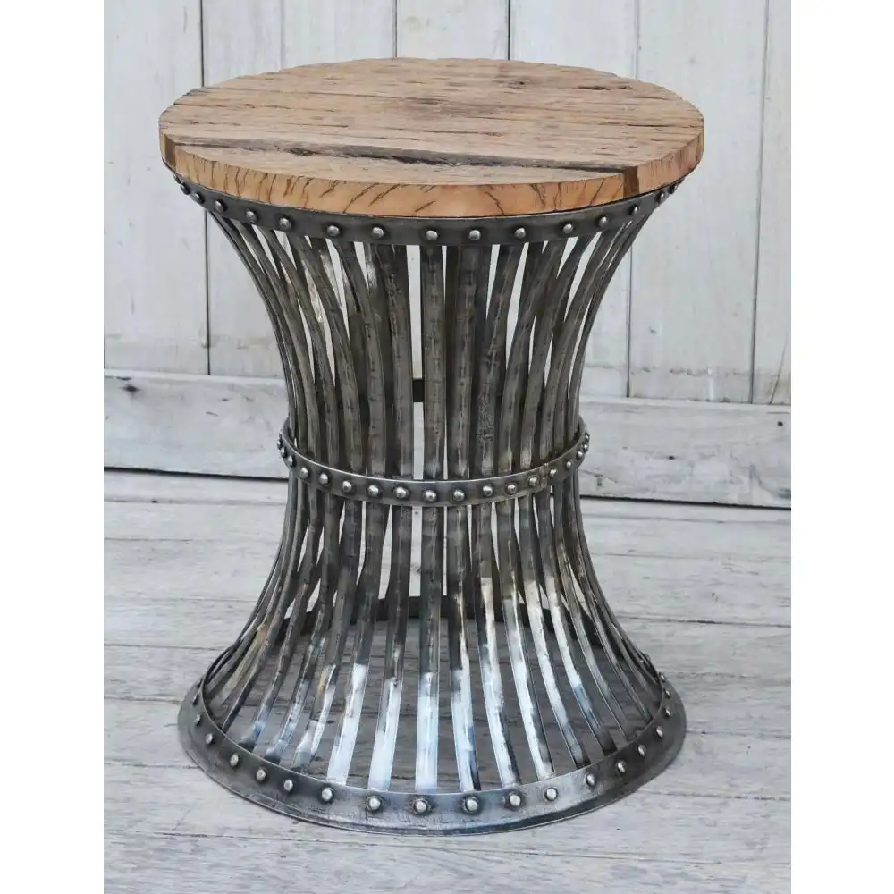 Inverted Wood and Iron Rustic Industrial Round Side Table