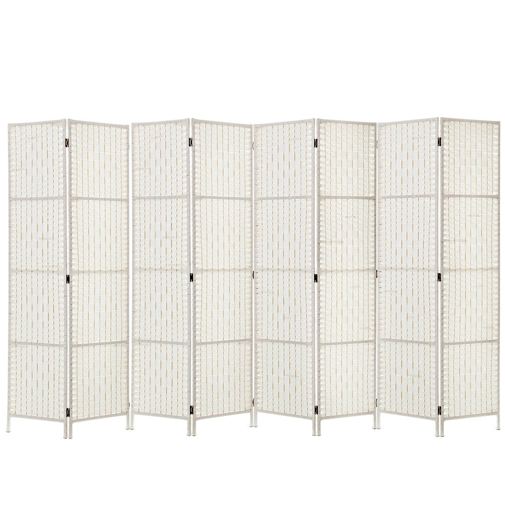 8 Panels Room Divider Screen Privacy Rattan Timber Fold Woven Stand White